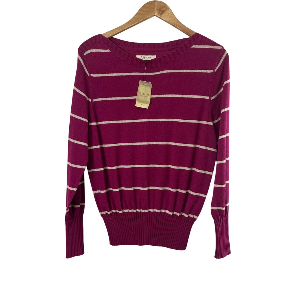 Sonoma Life Style Womens Petite PL Pink Striped Boat Neck Cotton Blend Sweater